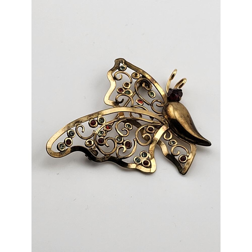 Vintage Regel 12K Gold Filled Butterfly Brooch 2" Filigree Rhinestone Pin